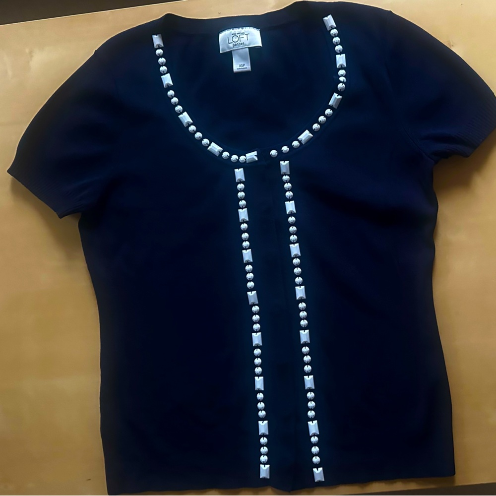 Ann Taylor Loft Short Sleeve Tops. The color is Navy Blue Size XSP